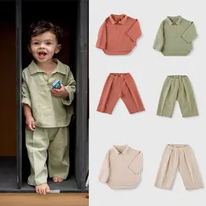 2024 new long-sleeved cotton lapel shirt casual pantsuit for boys and girls clothes set