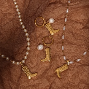 INS Popular Women 18k Gold Plated Stainless Steel Fashion Anti Tarnish <strong>Jewelry</strong> <strong>Jewelry</strong> Sets Western Cowboy <strong>Boot</strong> Pearl Necklace - Product Image 6