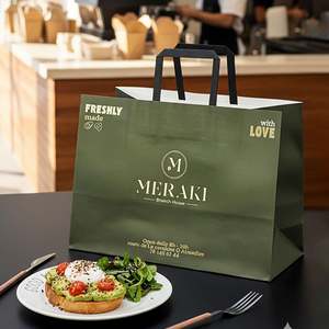 Custom Logo Eco-Friendly Disposable <b>Biodegradable</b> Recyclable Kraft <b>Paper</b> Food Takeout Bag Flat Handle for Restaurant Delivery - Product Image 1