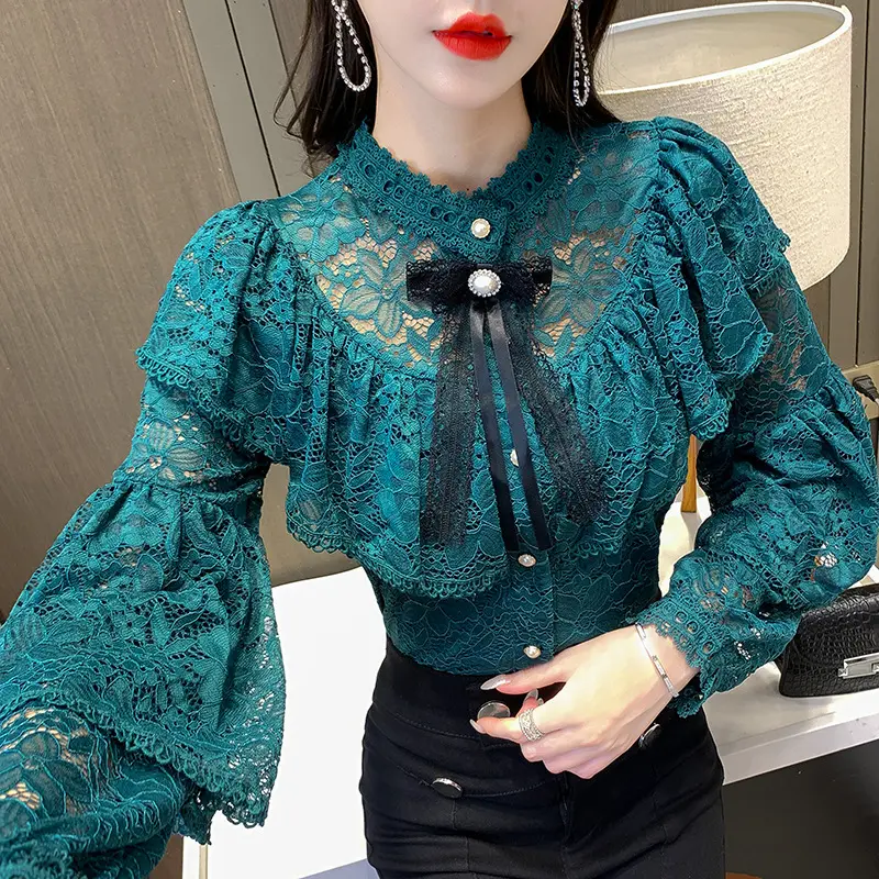 Lace Bottoming Shirt Women's Elegant Shirts Autumn 2021 New Top French Style Chiffon Shirt Fashion Simple Long Sleeve Blouse