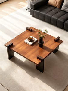Mesa de Centro de Madera Maciza de Dos Tonos, Estilo Minimalista Wabi Sabi, con Patas Gruesas, para Sala de Estar - Product Image 1
