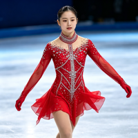 Robe de patinage artistique rouge à strass, col montant, dos évidé, manches longues, en maille, pour compétition de patinage sur glace, personnalisable