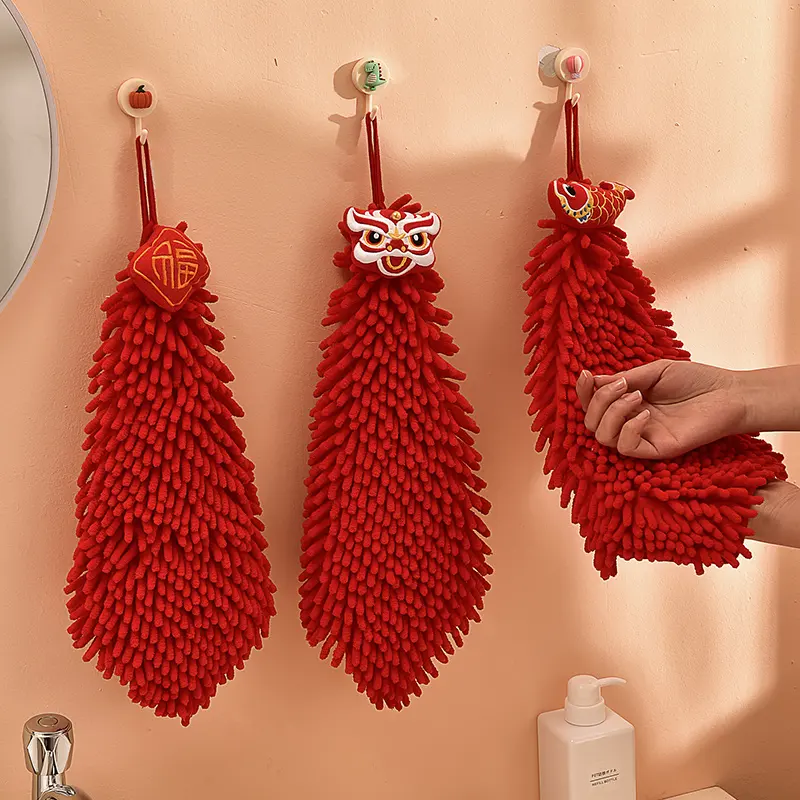 Handuk Tangan Chenille Merah Keberuntungan, Handuk Tangan Dapur Kamar Mandi Penyerap Tahun Baru dengan Lingkaran