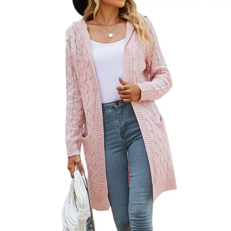 2022 custom fashion fall autumn winter knitted hooded long coat ladies cardigan women's sweaters