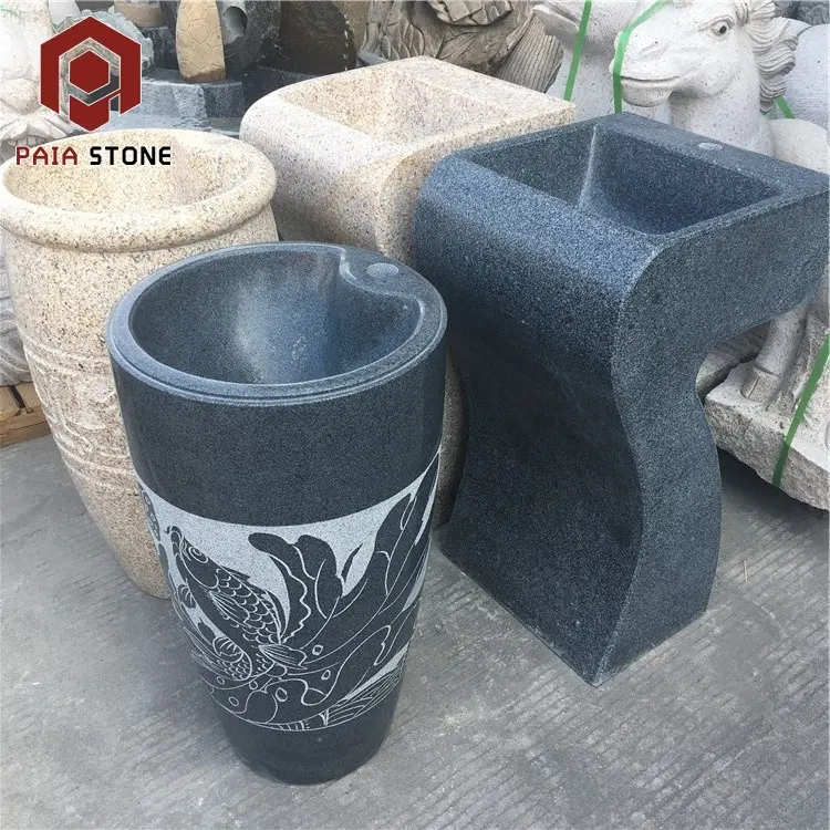 Lavado de jardín decorativo tallado a mano, personalizado, granito negro Natural, lavabo de piedra de Pedestal para exteriores