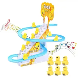 Funny yellow duck climbing stairs light music DIY track electric assembling plastic game toy for kids