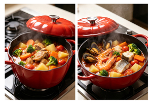 Casserole de cuisine en <span class=keywords><strong>fonte</strong></span> émaillée de forme citrouille, pot rond avec bouton en acier inoxydable, <span class=keywords><strong>rouge</strong></span> dégradé - Product Image 3