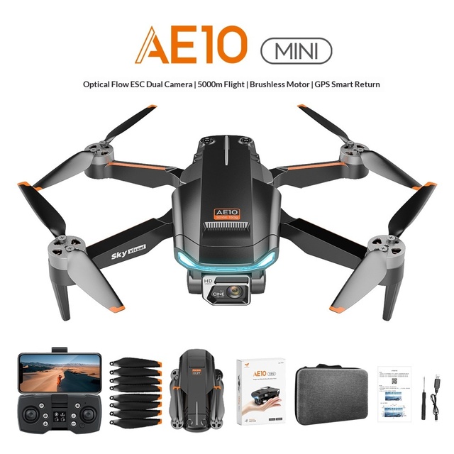 AE10 Mini Brushless Motor Folding Drone HD Aerial Photography Quadcopter GPS Remote Control 4KM 4K Dual Camera Kids Plastic