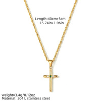 Collier pendentif croix en acier inoxydable plaqué or 18 carats PVD avec micro-zirconiums verts, style bambou, résistant au ternissement, hypoallergénique, style Europe-Amérique