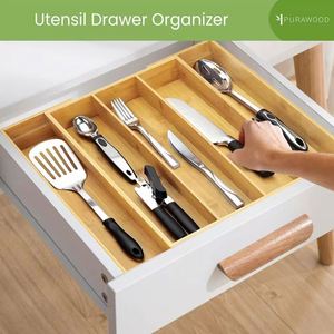 Organizador de Cuchillos de Cocina de Bambú, Caja de Almacenamiento con Cajones, Bandeja para Cubiertos con Divisores Ajustables, Compartimentos sin Tapa, Moderno - Product Image 2