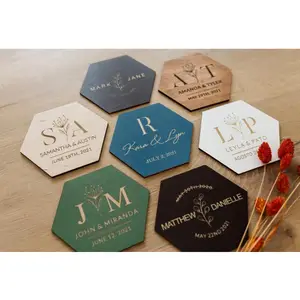 wooden personalized custom laser engraver clear hexagon coasters for drinks cup mat wood wedding favors wedding party favors