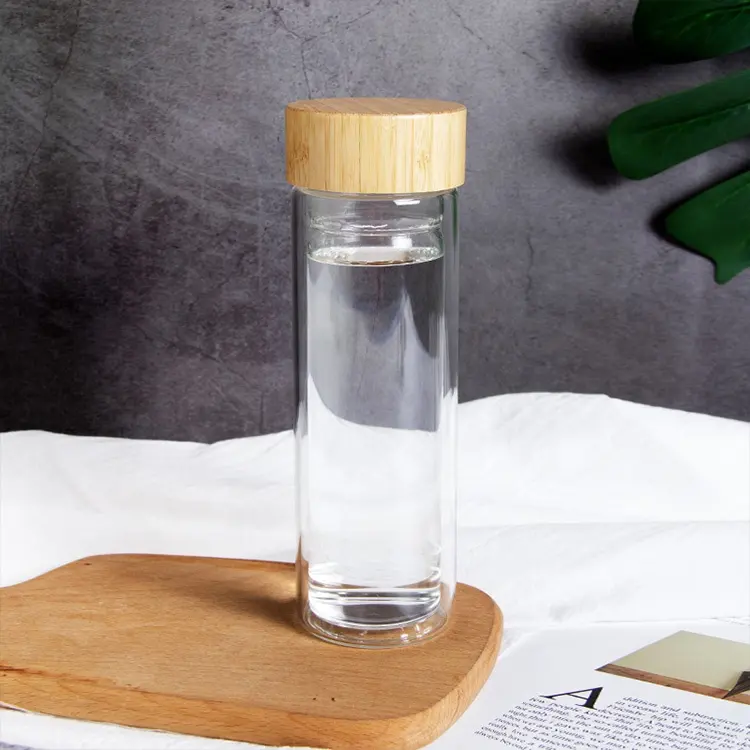 Grande bouteille de thé en verre à double paroi réutilisable bouteille d'eau en verre avec couvercle en bambou et infuseur