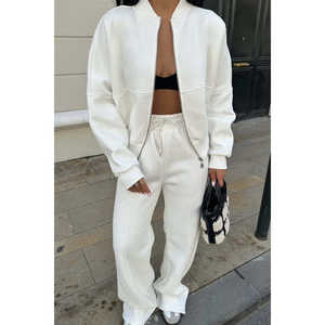 ชุดเซ็ตเสื้อและกางเกงขาสั้นผ้าฝ้ายถักลายทางสีขาว แต่งซิป สำหรับผู้หญิง สวมใส่สบายๆ ไซส์ XS ถึง XL ทรงหลวม เหมาะสำหรับฤดูใบไม้ร่วง - Product Image 2