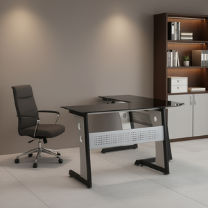 Escritorio de Oficina en Forma de L de Vidrio Gris Negro, Diseño Moderno y Contemporáneo, Muebles Comerciales Independientes - Product Image 2