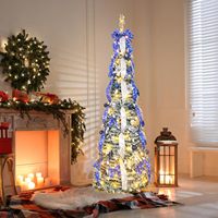 Sapin de Noël floqué pré-éclairé de 1,80 m avec 180 lumières, arbre pliable pré-décoré (bleu et argent) pour petits espaces