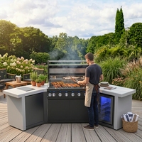 Centre de barbecue extérieur de luxe avec grill intégré, table de préparation et réfrigérateur à boissons éclairé pour terrasse