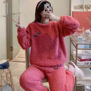 Autumn Winter Pajamas Women's Solid Color Lamb <strong>Wool</strong> Two-Piece Set Warm Ladies' Loungewear - Product Image 2
