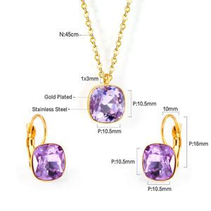 Parure de bijoux en acier inoxydable plaqué or avec pendentif et boucles d'oreilles en améthyste, magnifique et très prisée, pour femme - Product Image 2