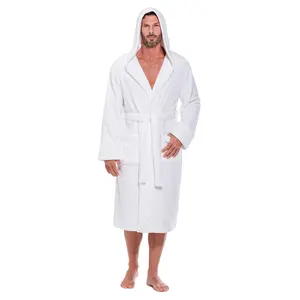 Men's White Plush Soft Warm Fleece Bathrobe with Hood Comfy Men's Robe