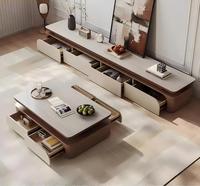 Ensemble de meuble TV et table basse en bois et marbre de luxe moderne, rectangulaire, élégant, pour salon, avec tiroirs