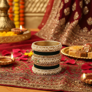 Designer Kundan & Pearl Velvet <b>Bangle</b> <b>Set</b> Elegant Wedding Jewelry Premium Bridal Bracelets Collection - Product Image 3