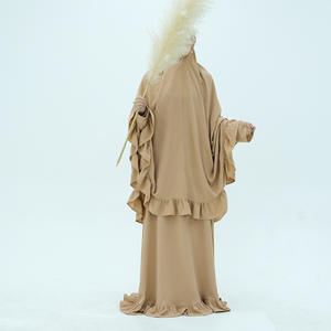 긴 주름 장식 Khimar 세트 겸손한 터키 Eid 무슬림 여성 원피스 이슬람 의류 도매기도 Abaya 2 조각 크레이프 - Product Image 3