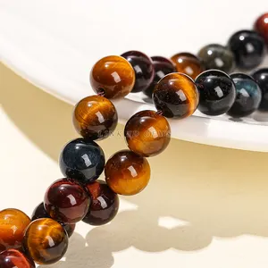 Stone Beads Designer JD Wholesale 4mm 6mm 8mm 10mm 12mm 14mm Pick Size Natural Stone Tricolor Tiger Eye Agate Round Loose Beads For Jewelry Making