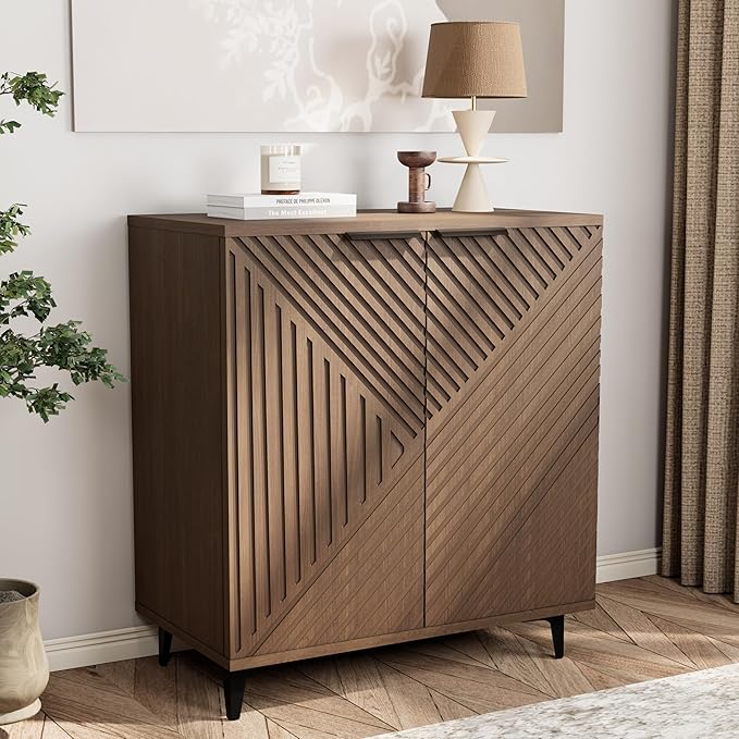 47" Tambour Door Sideboard Storage Cabinet - Fluted Buffet With Shelves For Living Room Or Kitchen