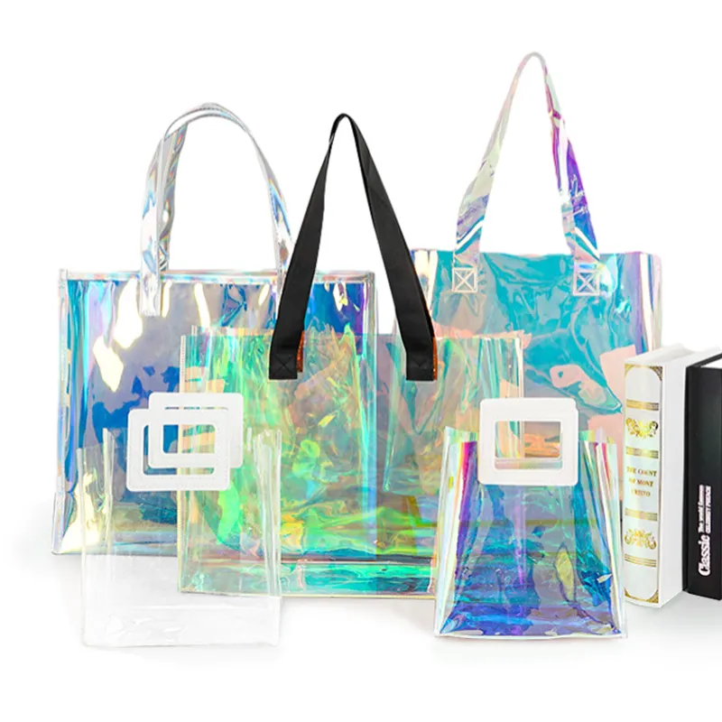 カスタムロゴPvcプラスチックショッピングバッグホログラフィックレインボー虹色ハンドバッグ女性用防水トートバッグ