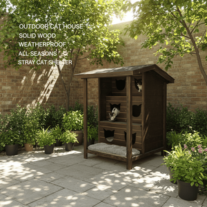 야외 방수 목재 고양이 집 사계절 애완 고양이 쉼터 정원용 - Product Image 5