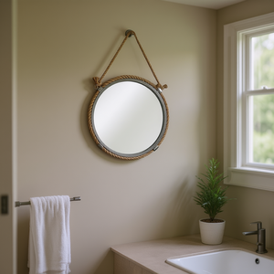 Specchio da parete rotondo con cornice in corda, metallo e vetro, da appendere per decorare camera da letto e bagno - Product Image 3