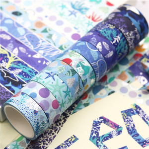 Jinxiang Technology <b>Blue</b> Ocean Washi Tape 10 <b>Rolls</b> Hot Foil <b>Paper</b> Adhesive Tape For DIY Journal Decoration - Product Image 3
