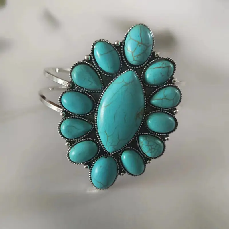 2024 Western Style Bohemia Flower Shape Turquoise Bracelet Vintage Cowgirl Bracelet for Gift