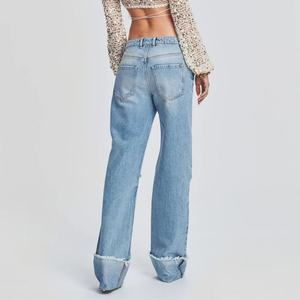 กางเกงยีนส์สีน้ำเงินขายดี ทรงบอยเฟรนด์ เอวกลาง แต่งรอยขาดที่เข่า สำหรับผู้หญิง - Product Image 6