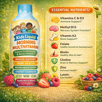 Multivitamines liquides matinales pour enfants, fabricant sur mesure, marque privée, soutien immunitaire, osseux et cérébral, saveur pomme et fruits rouges