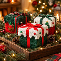Boîte cadeau de Noël avec nœud en ruban de satin, polaire, 12x12x12cm, rouge, vert, blanc, cube, carré, conteneur de rangement, emballage