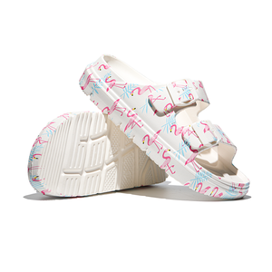 Sandales plates élégantes et légères pour femmes, à enfiler, avec double bride réglable, respirantes, imprimé flamant rose, bout ouvert - Product Image 4
