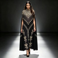 Dubai Abaya mit Strass-Perlen-Stickerei, Hochgeschlossenes Kleid mit Cape-Ärmeln, Locker Sitzendes Maxikleid im Kuwaitischen Stil, Arabische Robe für Damen