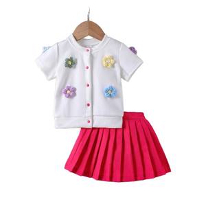 Completo Estivo Due Pezzi per Bambine, Design <span class=keywords><strong>Casual</strong></span> e Carino con Fiori 3D, Top in Cotone e Gonna Plissettata a Maniche Corte - Product Image 2