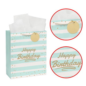 Bolsa de regalo con rayas doradas brillantes y lunares, asa retorcida, papel artístico, bolsa plana estándar, reciclable, estilo de lujo - Product Image 3