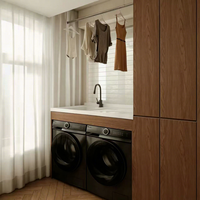 Armoire de buanderie en bois sur mesure pour balcon, avec lave-linge et sèche-linge intégrés, évier et rangement pour usage domestique