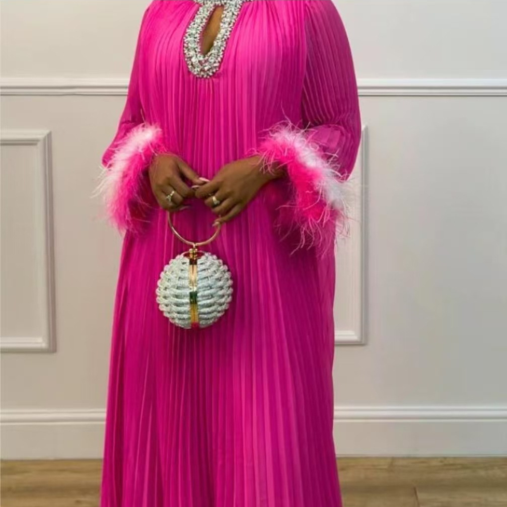 New 2025 Jewelry Neck Plush Long Sleeve Pleated Vintage Belt Maxi Dress  Low-Cut Solid Swing Loose Dubai Arab Women Luxury Dress| Alibaba.com