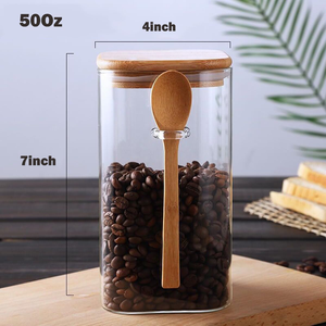 Airtight Lid Square Kitchen Home Storage <b>Glass</b> Jars <b>Containers</b> with Bamboo Lids and Spoon - Product Image 2