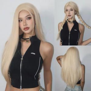 Parrucca Lunga Liscia <span class=keywords><strong>con</strong></span> Partizione Centrale Senza <span class=keywords><strong>Frangia</strong></span>, Naturale e alla Moda, in Fibra Resistente al Calore, Senza Colla, <span class=keywords><strong>con</strong></span> Rete a Maglia Rosa, Copertura Completa, Super Venduta - Product Image 2