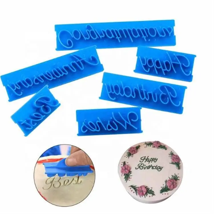 Cake Bakken Mallen Gereedschappen Embosser Cutter Alfabet Fondant Cake Stempel 6Pc Handgeschreven Engels Verjaardag Taart Decoratie Schimmel