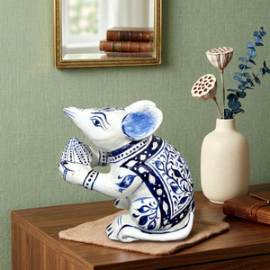 NIRMALA HANDICRAFTS Handcrafted Enamel Metal Blue Pottery Mouse Figurine Floral Pattern | <b>Decorative</b> Statue | Indian Home <b>Decor</b> - Product Image 1