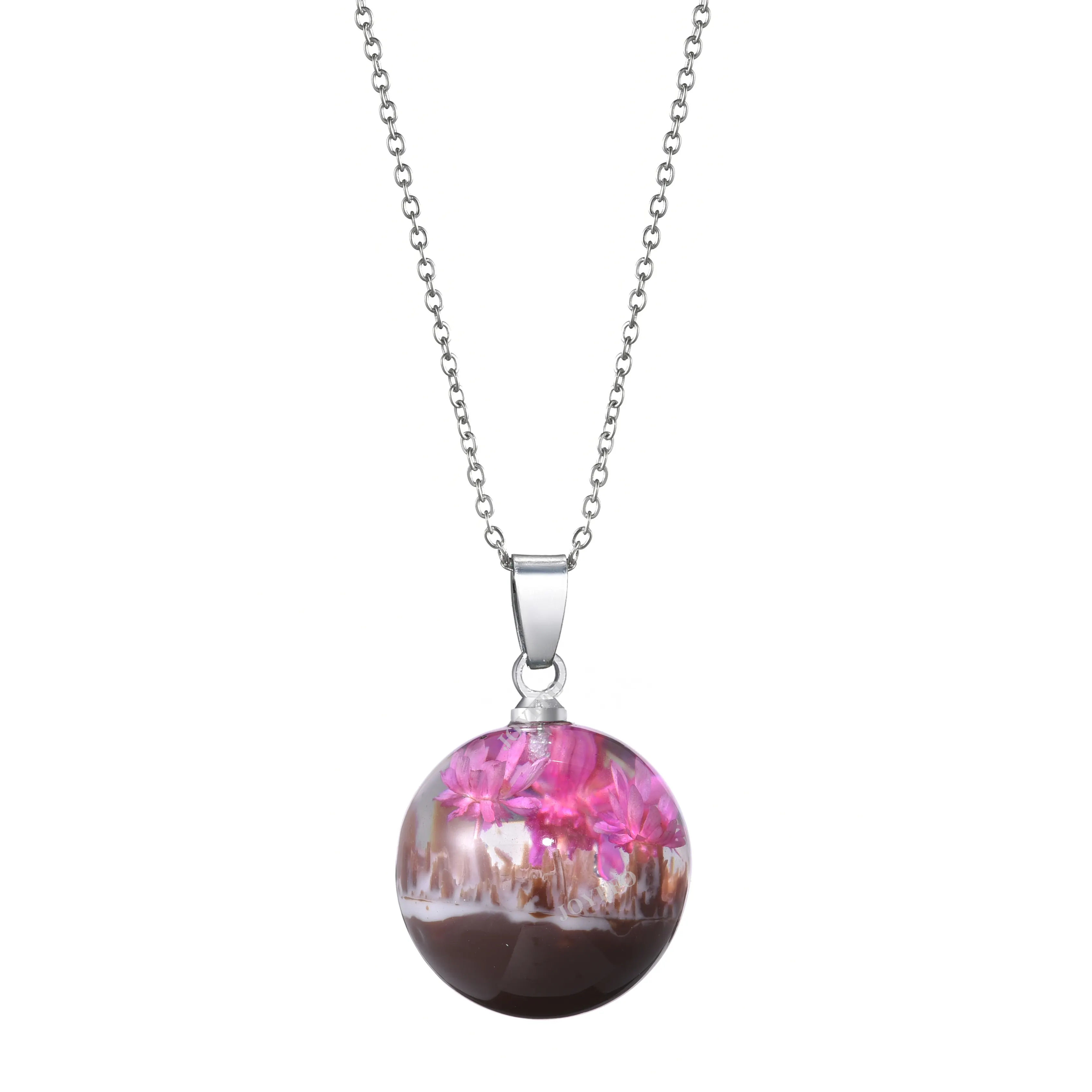 2023 Japanese Korea Style Silver Chain Crystal Necklaces Real Pressed Dried Flower Round Pendant Gold Plated Resin Necklace