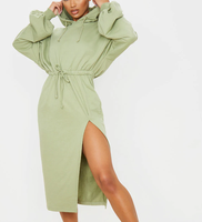 Printemps Nouvelle Arrivée Sweat À Capuche Fendu Robe Midi Avec Cordon Femmes Sexy Robe De Bandage