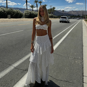Falda midi de playa estilo INS con textura, transparencias, dobladillo asimétrico con volantes, cintura elástica y ajuste ceñido para vacaciones. - Product Image 2