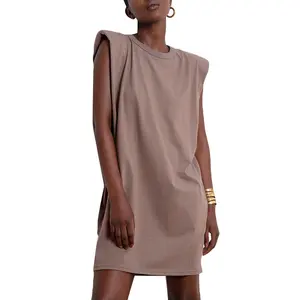 CHICEVER Casual Dresses Sleeveless Round Collar Solid Color Loose Mini Dress For Women